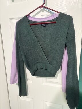 American Eagle Outfitters Dark Olive Wrap Crop Sweater